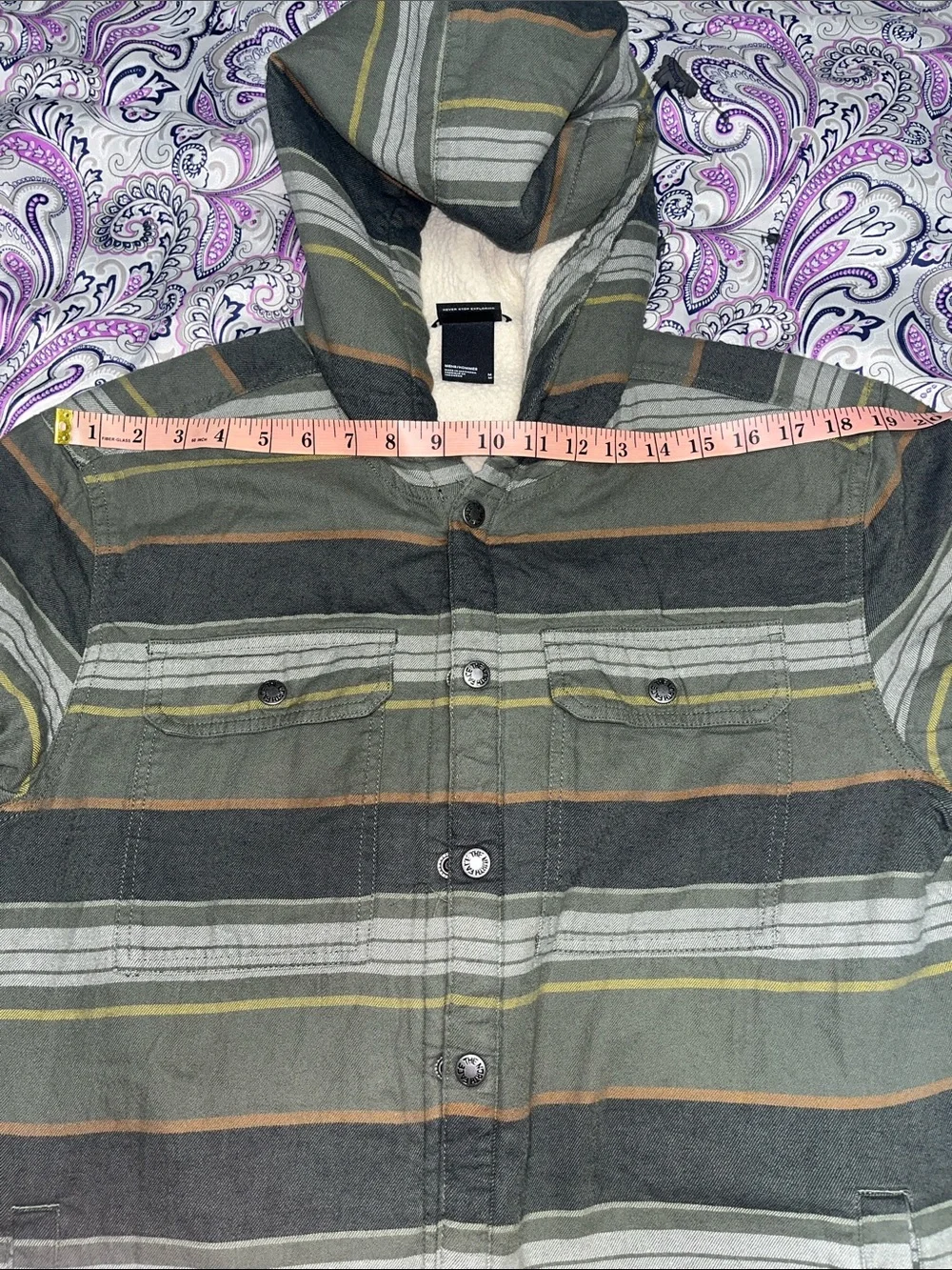 The North Face Olive Green & Gray Striped Sherpa Hooded Jacket